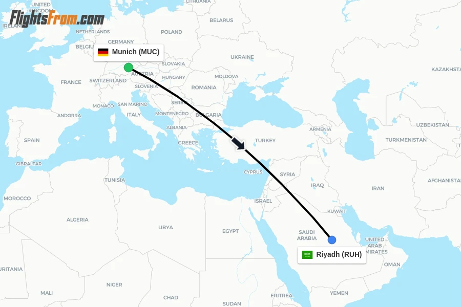 Flights from Munich to Riyadh route map