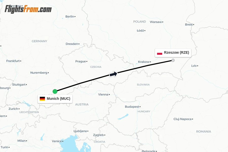 Flights from Munich to Rzeszow route map