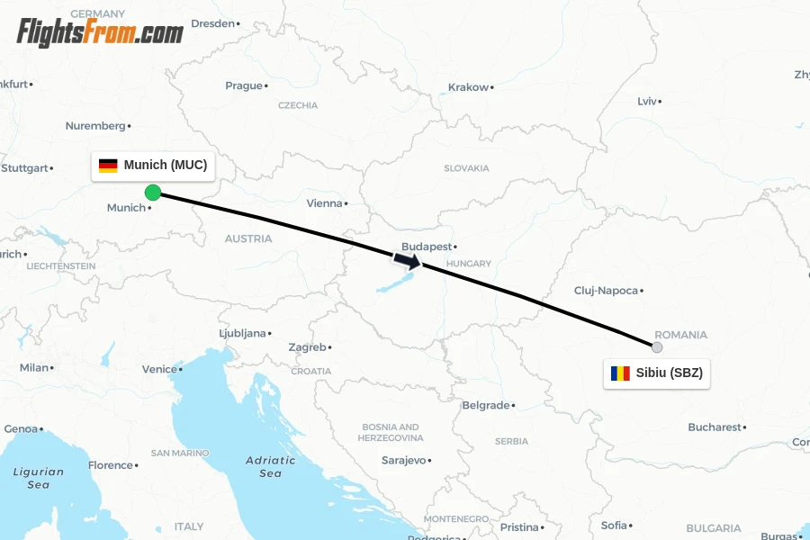 Flights from Munich to Sibiu route map