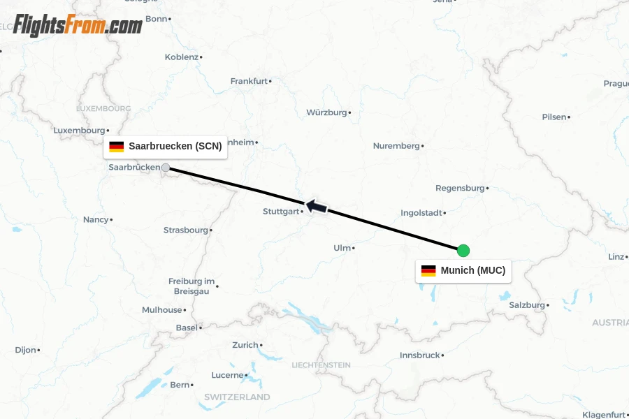 Flights from Munich to Saarbruecken route map