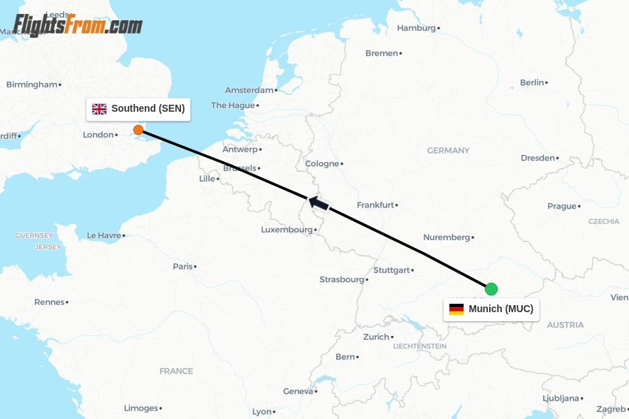 Flights from Munich to Southend route map