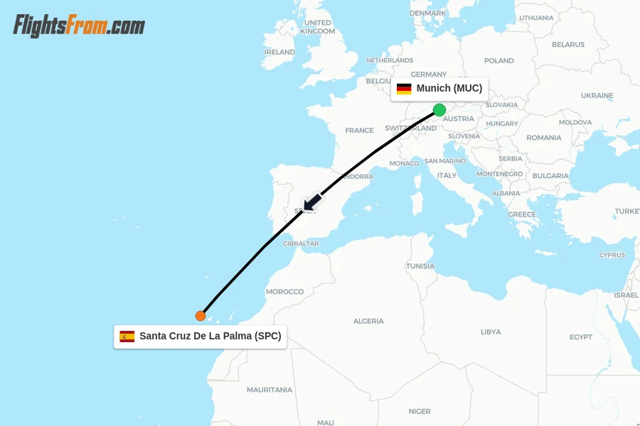 Flights from Munich to Santa Cruz De La Palma route map
