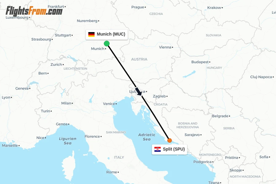 Flights from Munich to Split route map