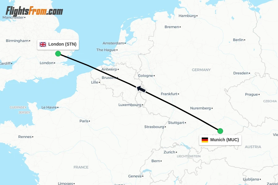 Flights from Munich to London route map