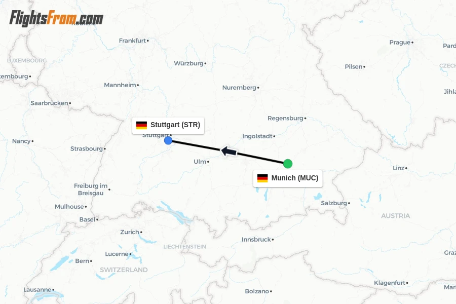 Flights from Munich to Stuttgart route map