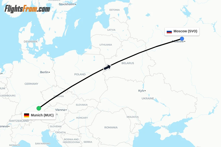 Flights from Munich to Moscow route map