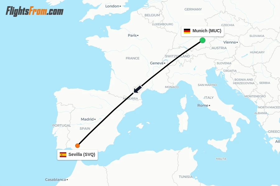 Flights from Munich to Sevilla route map