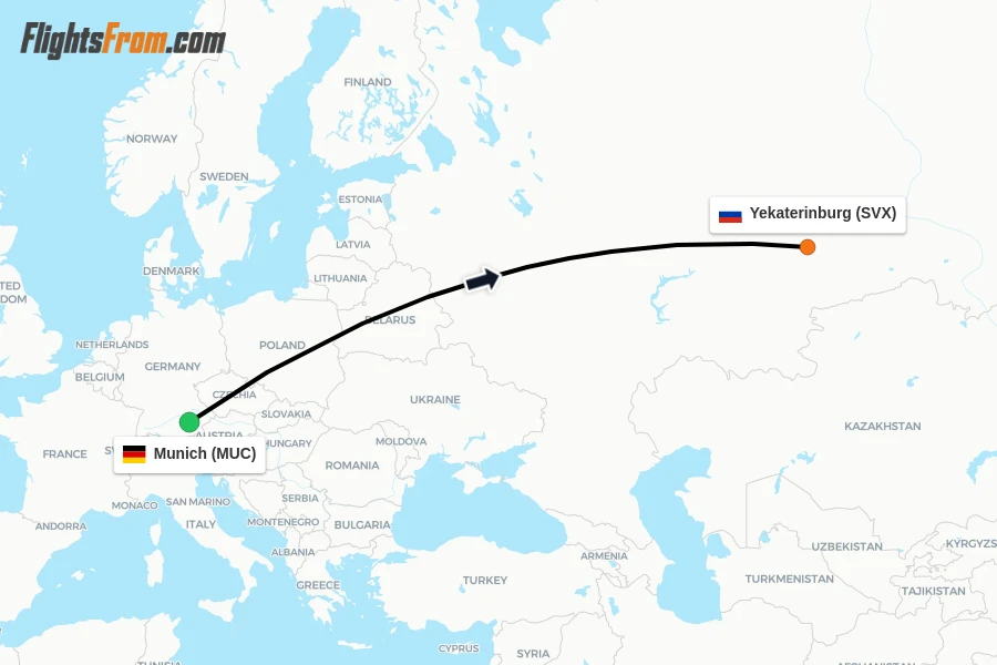 Flights from Munich to Yekaterinburg route map