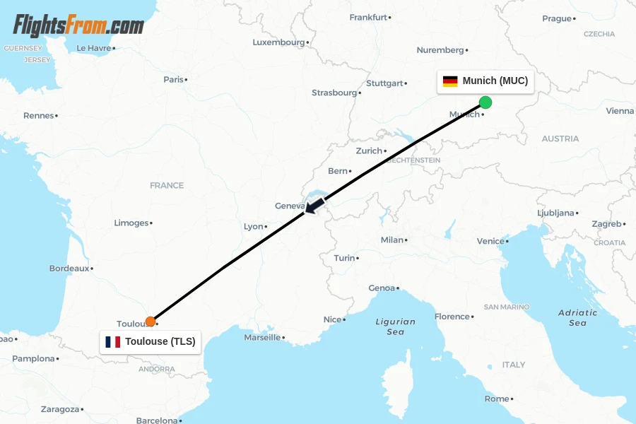 Flights from Munich to Toulouse route map