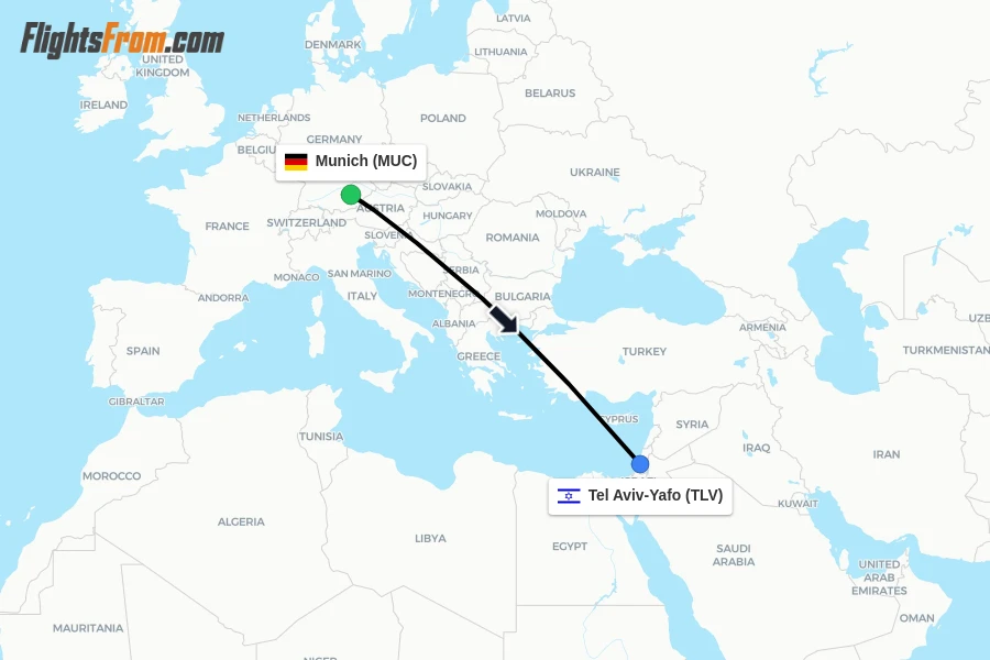 Flights from Munich to Tel Aviv-Yafo route map