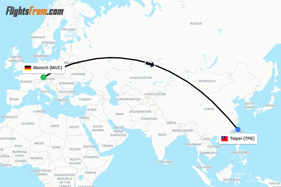 Flights from Munich to Taipei route map