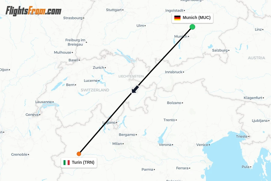 Flights from Munich to Turin route map