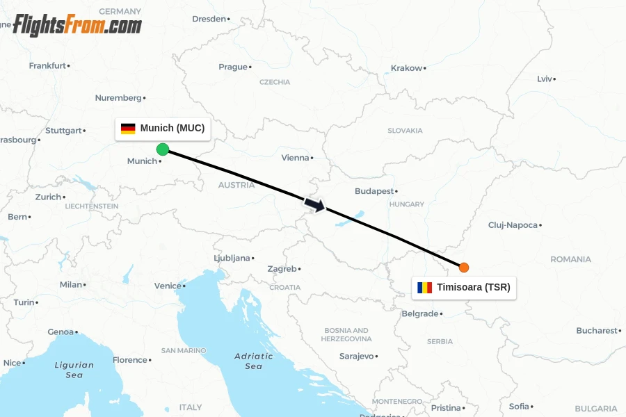 Flights from Munich to Timisoara route map