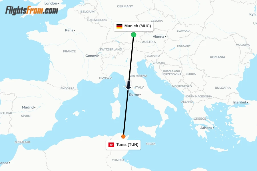 Flights from Munich to Tunis route map