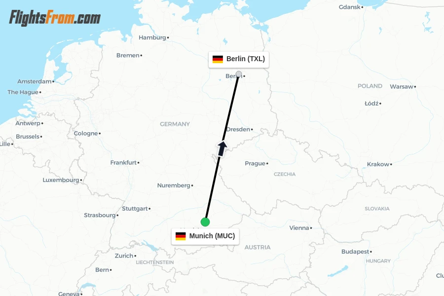 Flights from Munich to Berlin route map