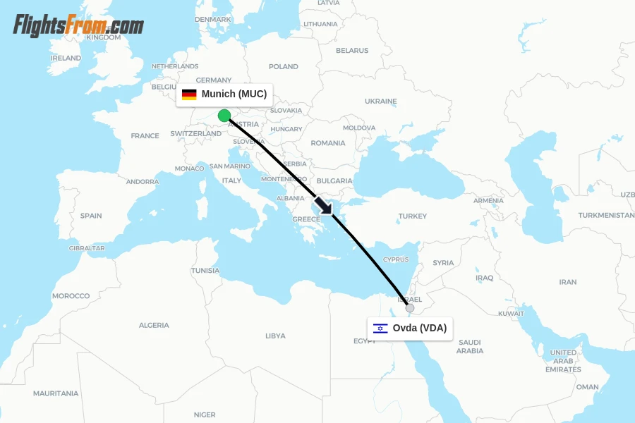 Flights from Munich to Ovda route map