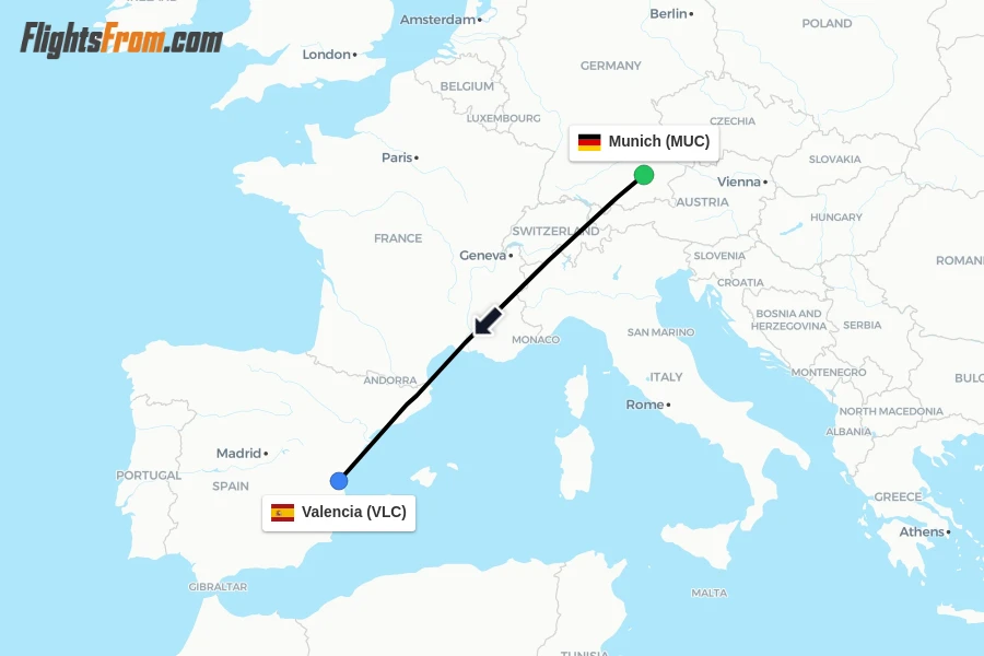 Flights from Munich to Valencia route map