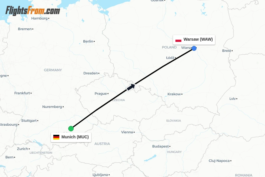 Flights from Munich to Warsaw route map