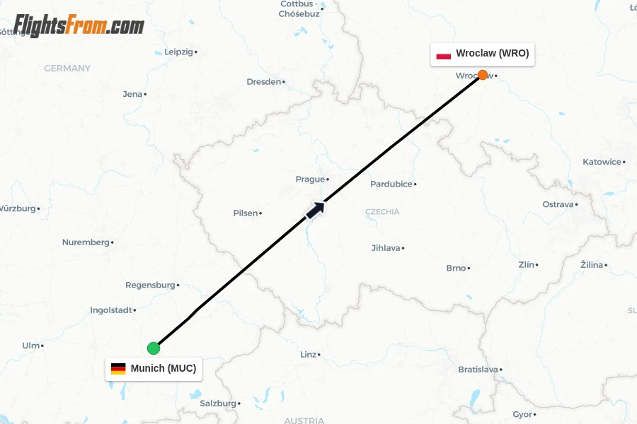 Flights from Munich to Wroclaw route map