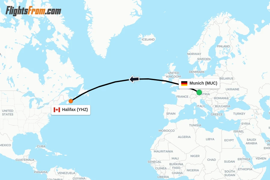 Flights from Munich to Halifax route map