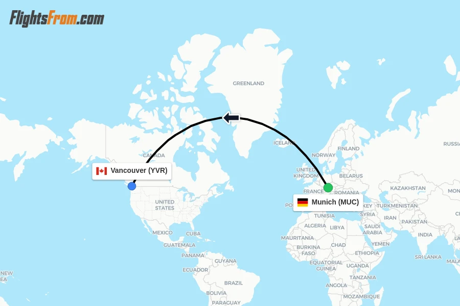 Flights from Munich to Vancouver route map