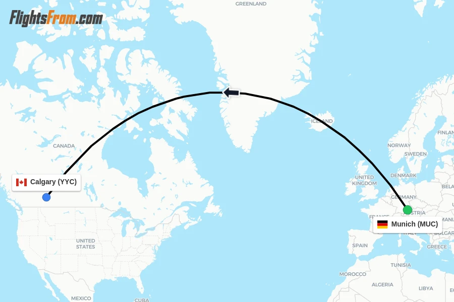 Flights from Munich to Calgary route map