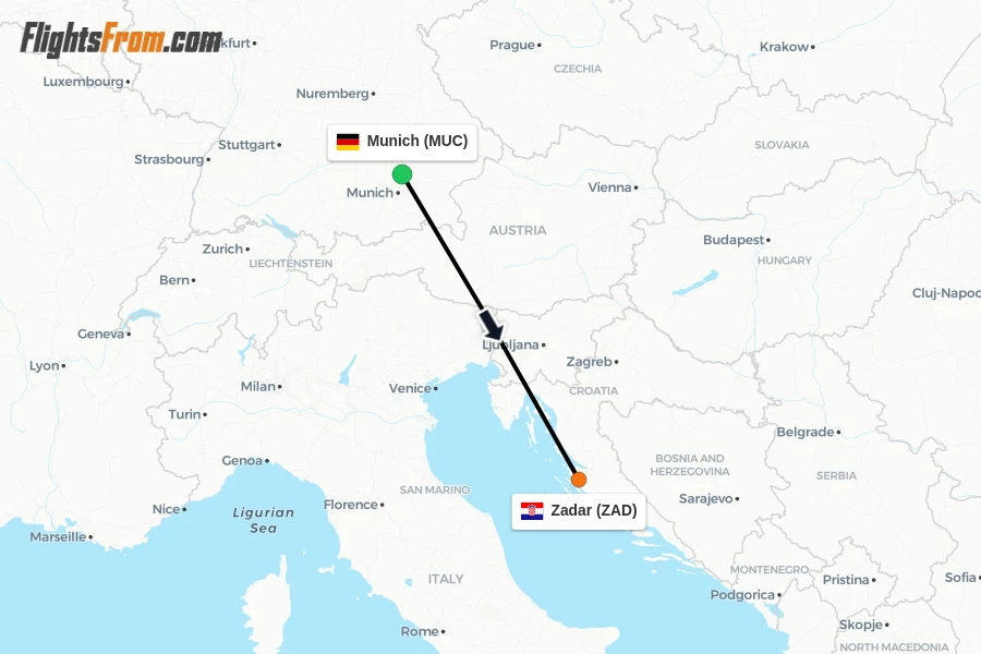 Flights from Munich to Zadar route map