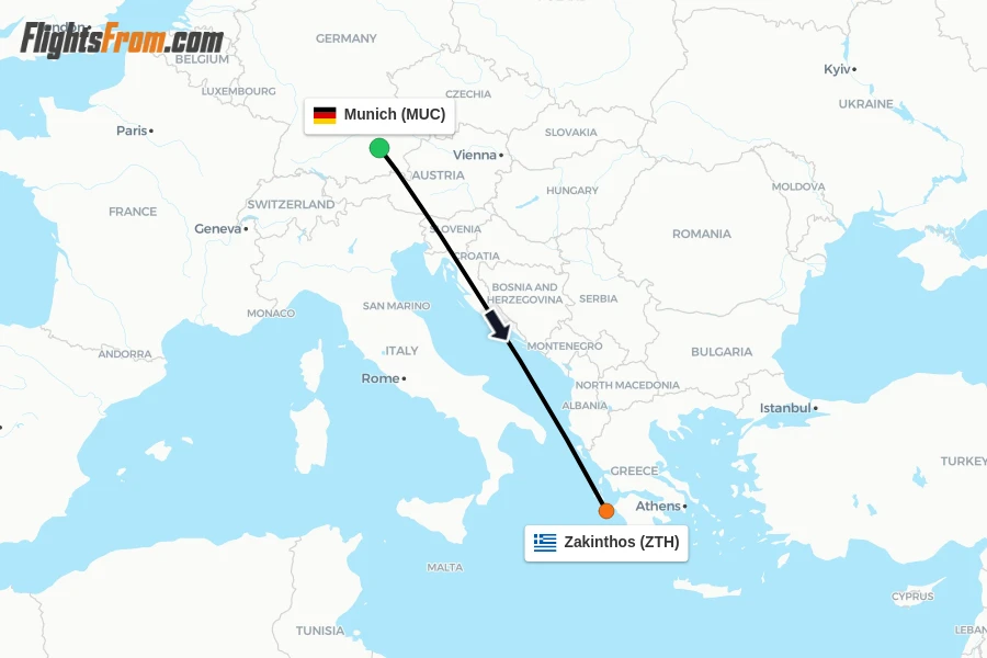 Flights from Munich to Zakinthos route map
