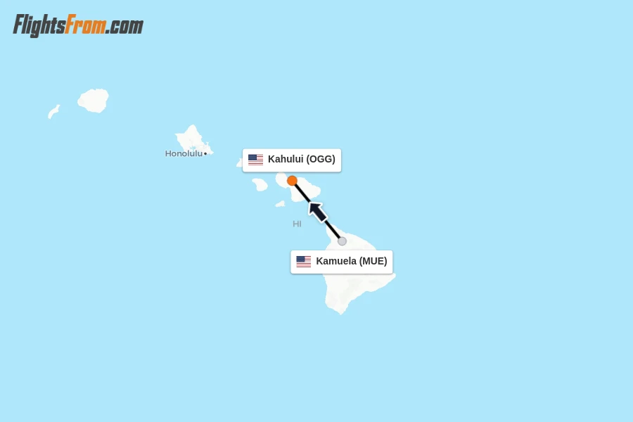 Flights from Kamuela to Kahului route map