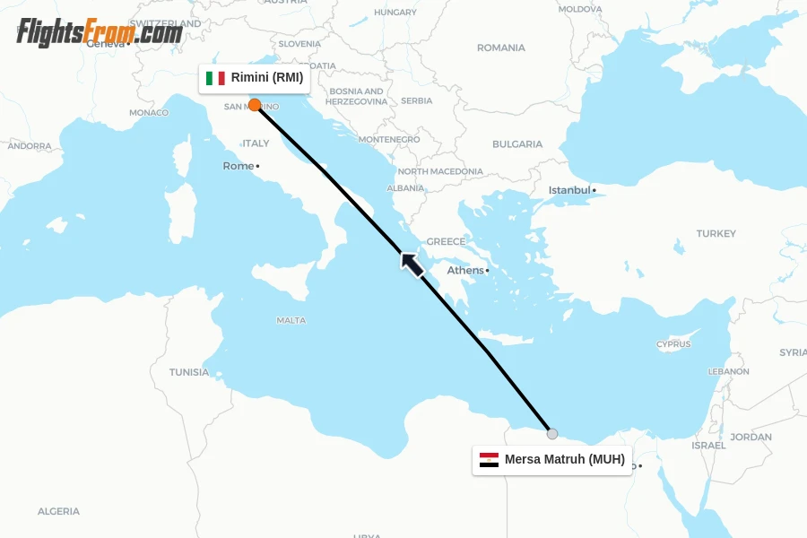 Flights from Mersa Matruh to Rimini route map