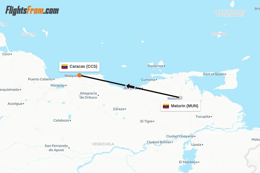 Flights from Maturin to Caracas route map