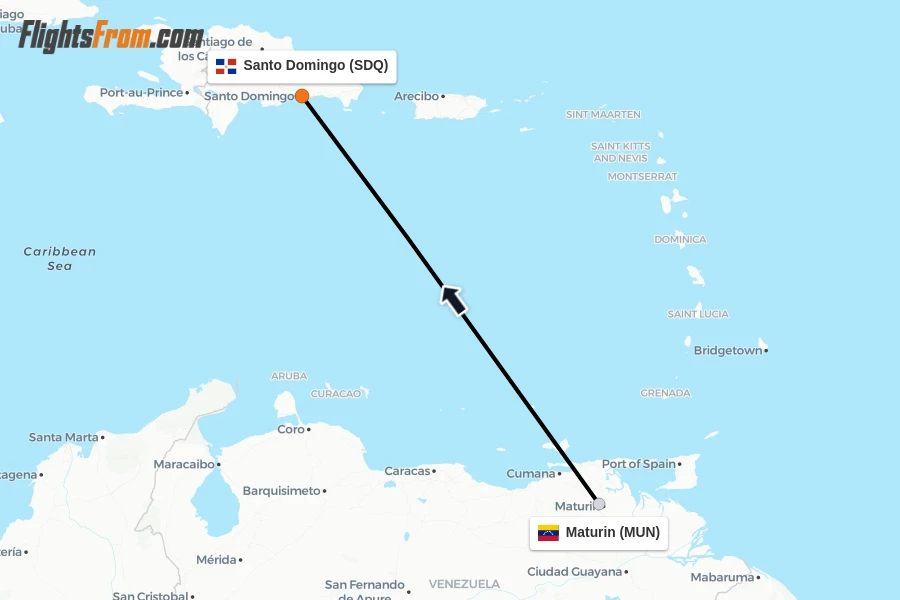 Flights from Maturin to Santo Domingo route map