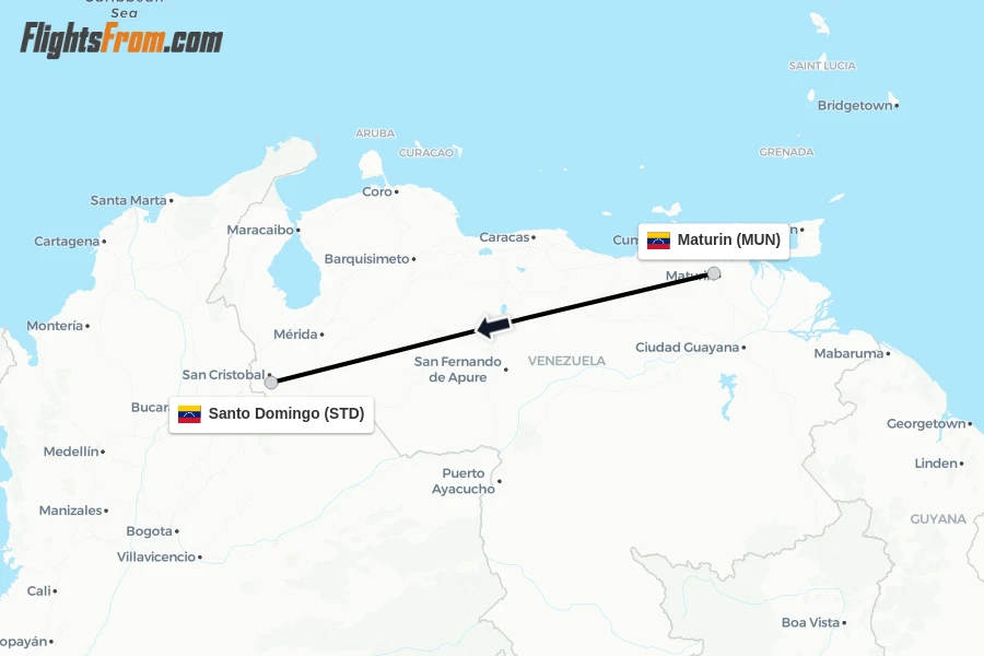 Flights from Maturin to Santo Domingo route map