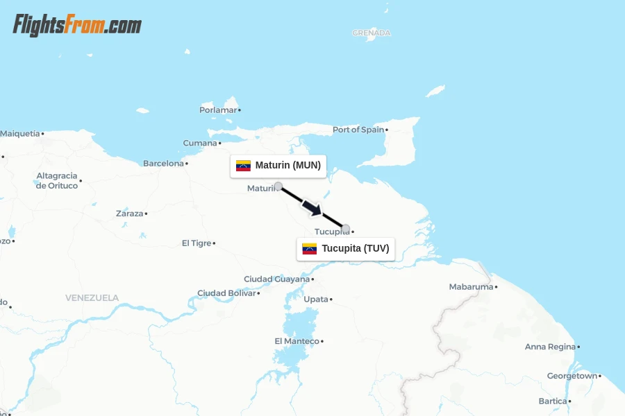 Flights from Maturin to Tucupita route map