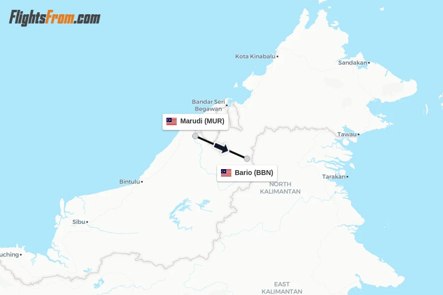 Flights from Marudi to Bario route map