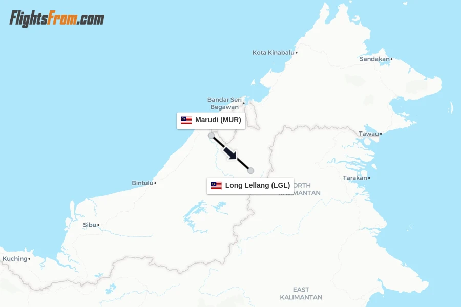 Flights from Marudi to Long Lellang route map