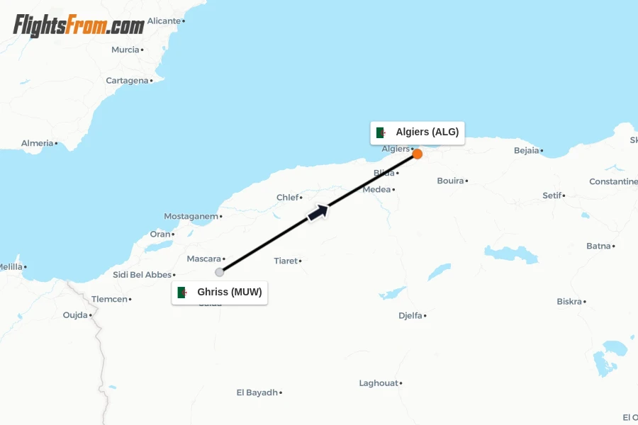 Flights from Ghriss to Algiers route map