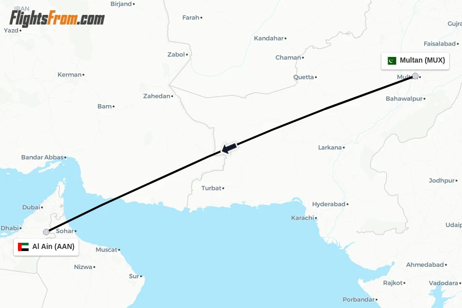 Flights from Multan to Al Ain route map