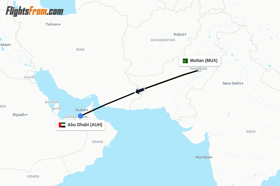 Flights from Multan to Abu Dhabi route map