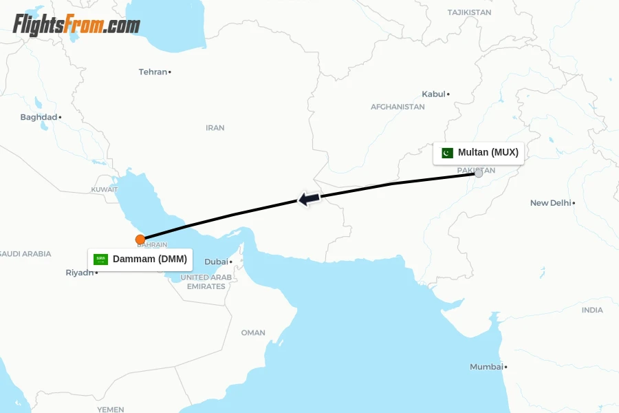 Flights from Multan to Dammam route map