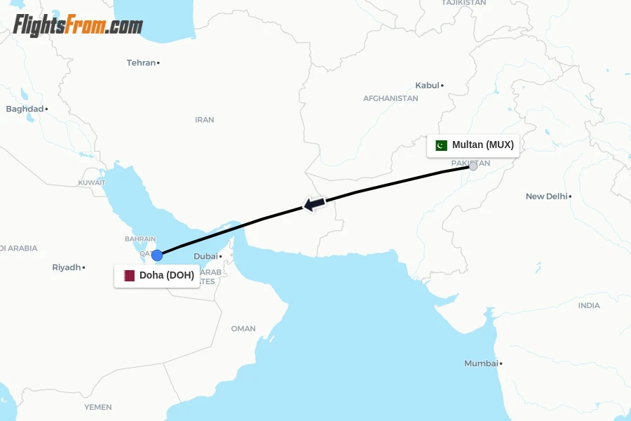 Flights from Multan to Doha route map