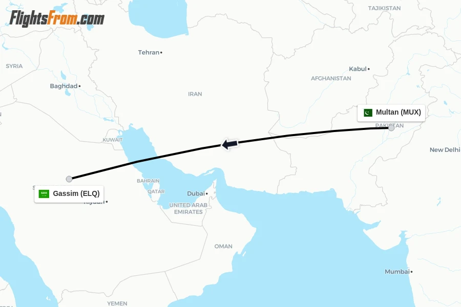 Flights from Multan to Gassim route map