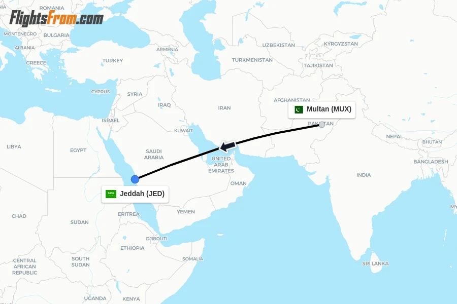 Flights from Multan to Jeddah route map