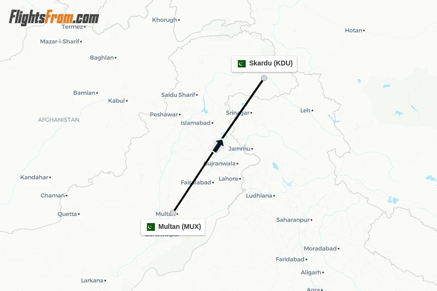 Flights from Multan to Skardu route map