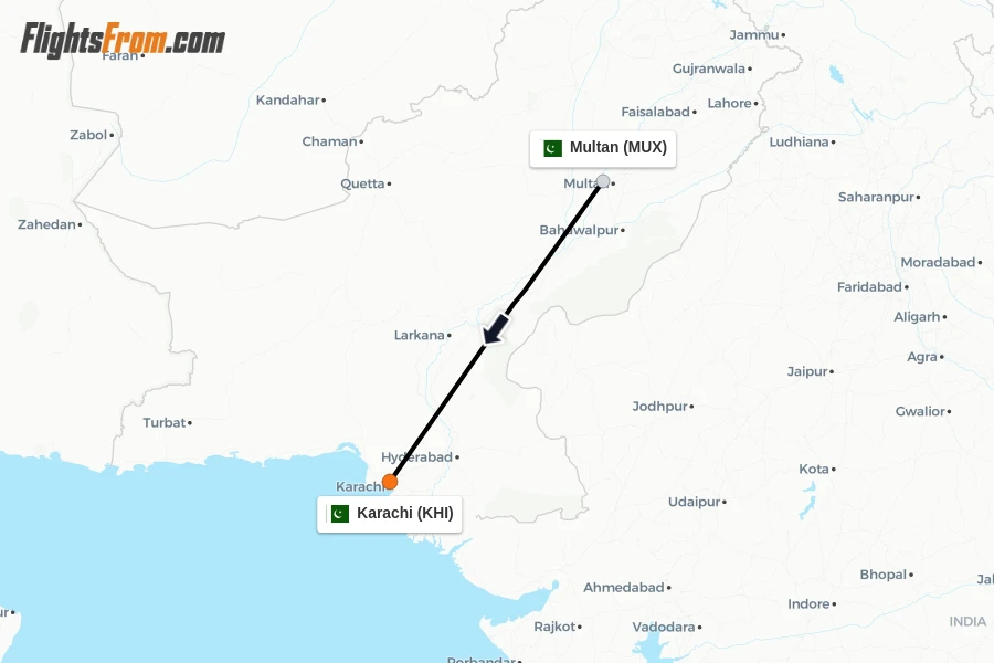 Flights from Multan to Karachi route map