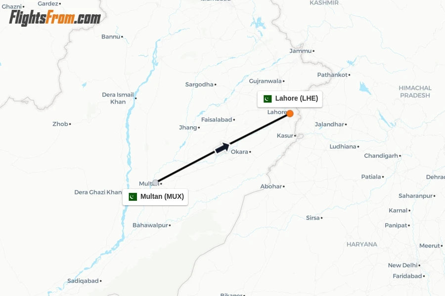 Flights from Multan to Lahore route map