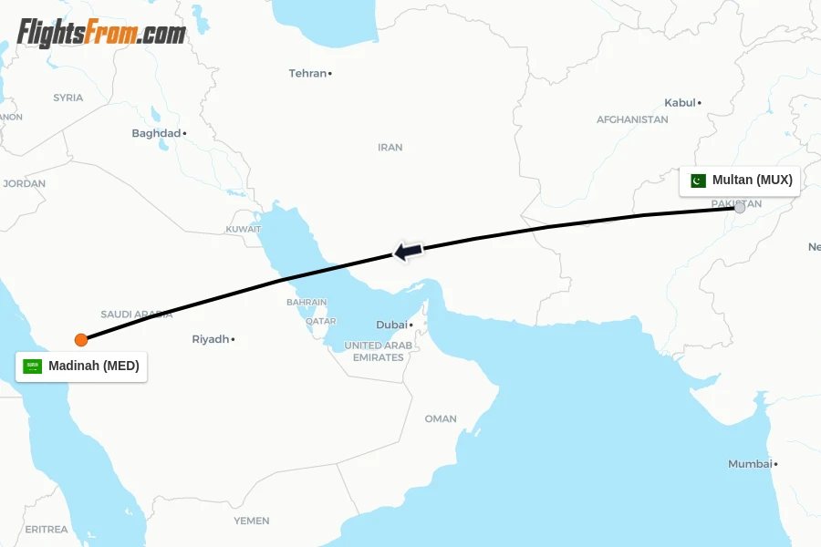 Flights from Multan to Madinah route map