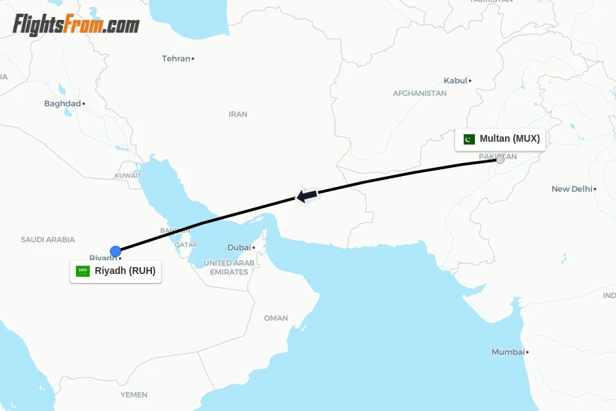 Flights from Multan to Riyadh route map