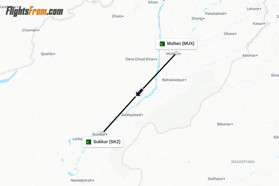Flights from Multan to Sukkur route map