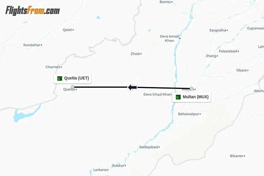 Flights from Multan to Quetta route map